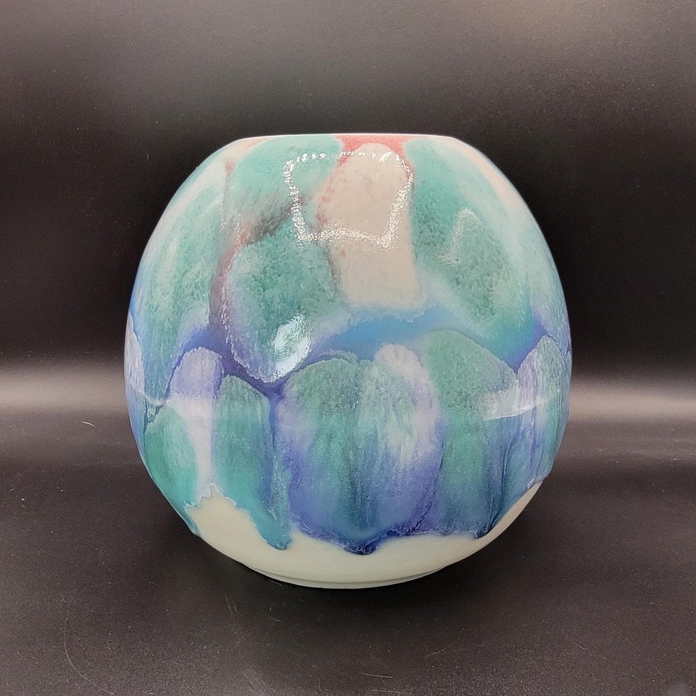 Vtg JK Dryden Pottery Green Blue Drip Glaze Vase Hot Springs Arkansas 6"
